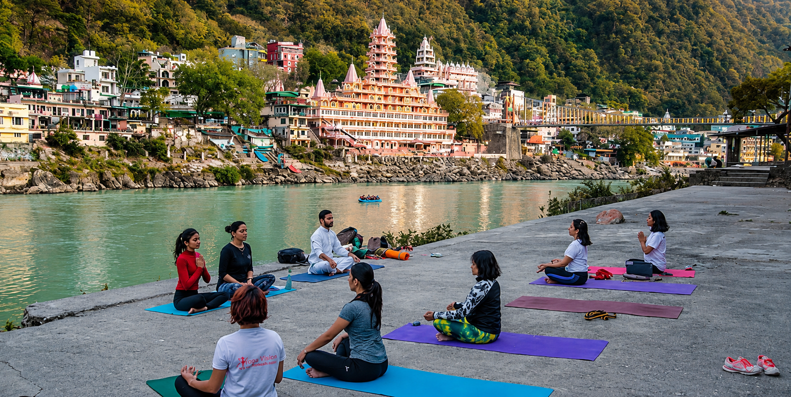 Group yoga beside the Ganga